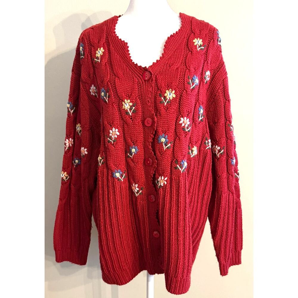 Vintage 80s Cardigan Embroidered Flowers Wool Blend Grandmacore Retro